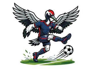 Naklejka premium A Japanese crane playmaker takes a free kick in a sports stadium with a soccer ball on green grass field.