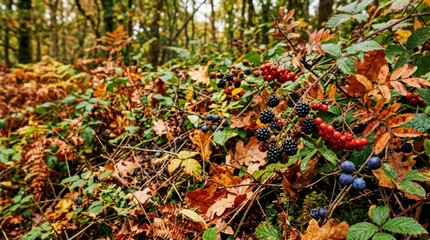 Fototapeta premium Colorful Autumn Forest Floor with Fallen Leaves and Berries.