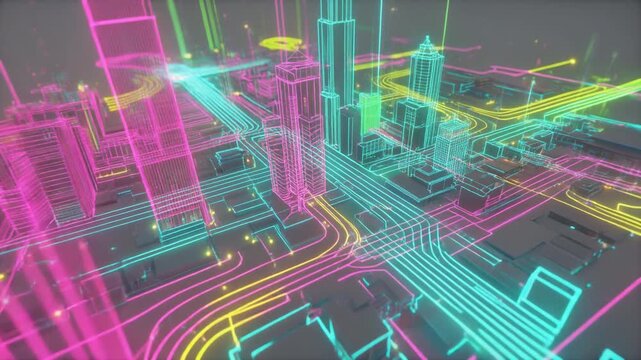 抽象的でカラフルな超近代的なスマートシティネットワーク 白背景