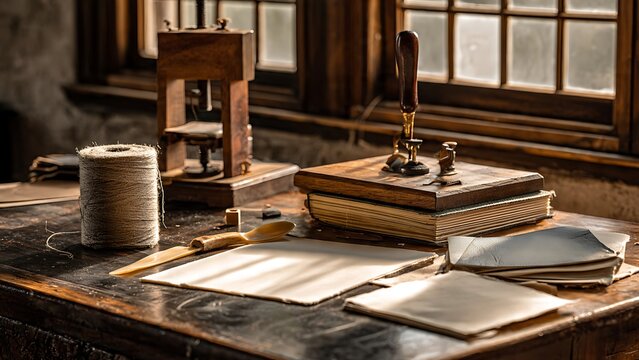 Traditional Bookbinding Workspace with Linen Thread Handmade Paper and Press