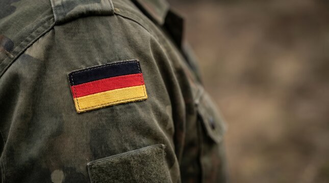 German flag patch attached to camouflage military uniform with large copy space. Suitable for defense communications, military training materials, NATO publications and security presentations