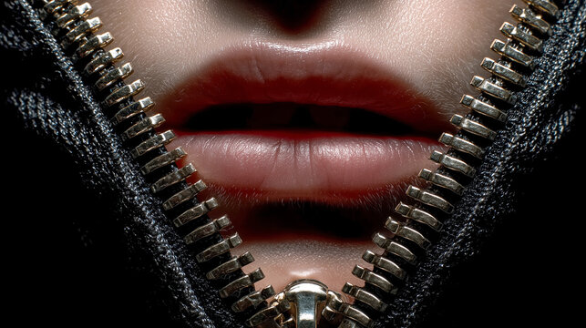 Close up image of lips partially covered by zipper, symbolizing silence and censorship. metallic zipper contrasts with soft texture of lips, creating striking visual metaphor