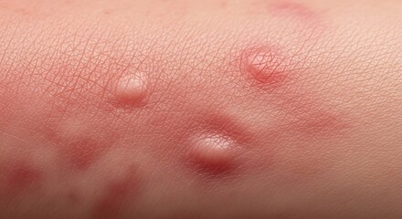 Fototapeta premium Close-up of red, inflamed skin with multiple small, raised bumps, possibly insect bites or an allergic reaction.