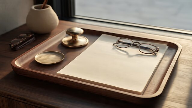 Minimal Executive Desk Organizer with Blank Paper Glasses and Office Accessories