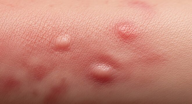 Close-up of red, inflamed skin with multiple small, raised bumps, possibly insect bites or an allergic reaction.
