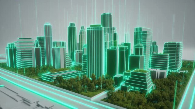 シアンとグリーンの光るラインで構成された持続可能な都市開発プラン 白背景