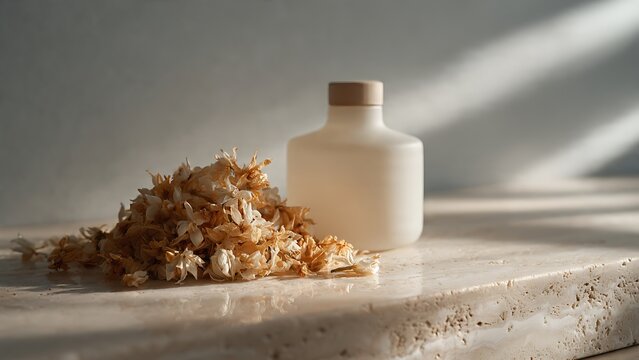 Minimal Ceramic Perfume Bottle with Dried Jasmine Flowers for Natural Fragrance Branding Mockup