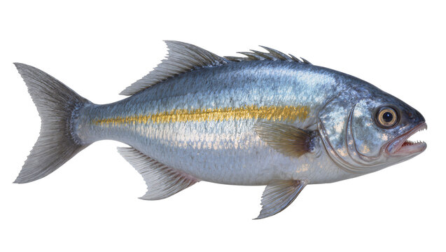 Silver and blue fish with yellow stripe and sharp teeth