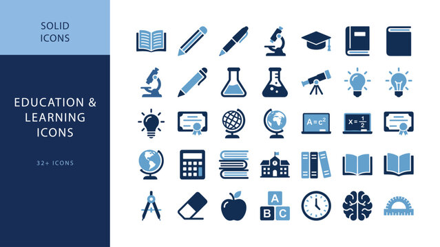 Education and learning flat solid vector icon set featuring book, graduation cap, pencil and online course symbols for academic branding and e learning design