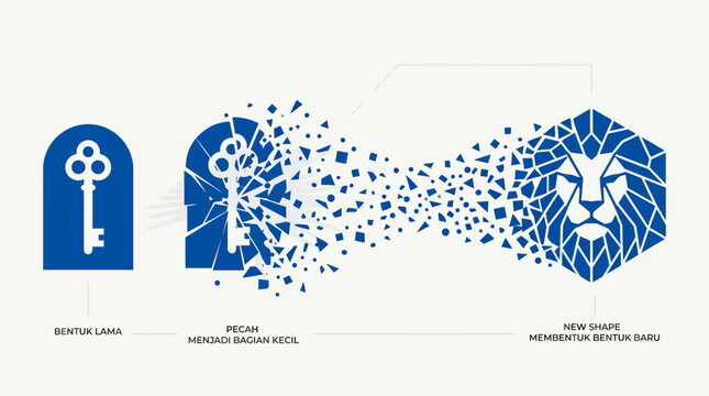 A blue key transforms into a geometric lion head through abstract particles