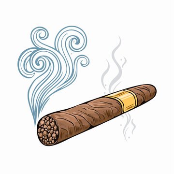 Hand-Drawn Illustration of a Burning Cigar Emitting Swirling Smoke