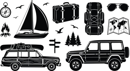 Travel adventure silhouette vector set featuring offroad SUV wagon sailboat suitcase backpack map compass bonfire elements, © MdBarat
