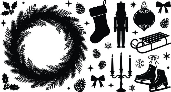 Christmas holiday silhouette vector set featuring pine wreath stocking nutcracker candelabra sled ice skates decorative winter elements,