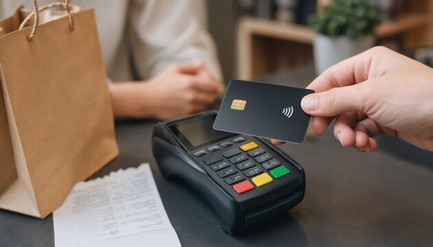 Hand paying with contactless credit card at a cafe counter terminal, NFC payment concept