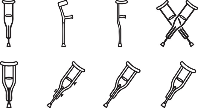 Assortment of medical crutches and walking aids in black and white line art style Vector