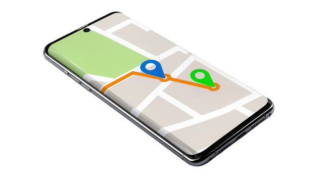 Smartphone displaying navigation map with route and pins