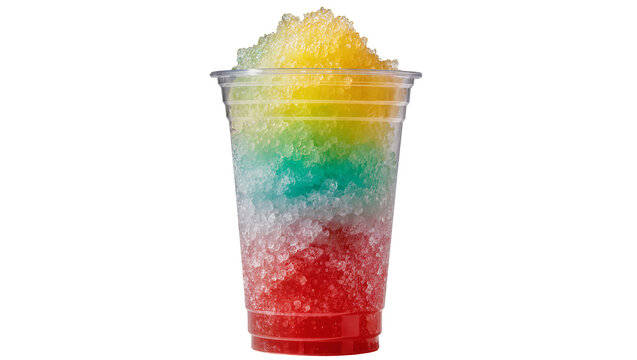 Rainbow layered shaved ice in clear plastic cup