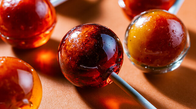 Macro view of round red cherry flavored lollipops on wooden table with lollipop