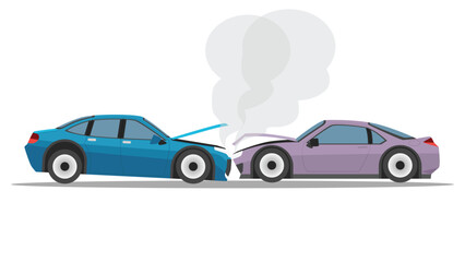 Fototapeta premium Flat vector illustration depicting a head on car collision. Blue sedan and a purple coupe smash together leaving crumpled hoods and grey smoke clouds rising from under the engines. 