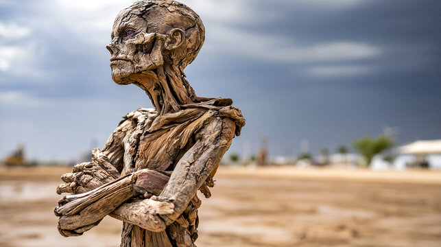 Eerie wood carved statue standing in dry barren landscape under stormy sky