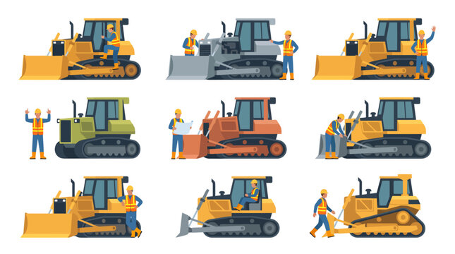 Collection of heavy construction bulldozer illustrations with workers operating machinery on white background for industrial design projects and site development concepts