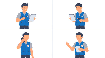 Fototapeta premium Professional logistics warehouse worker character set in blue uniform performing various delivery tasks including scanning packages and using radio communication