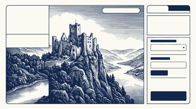 Fantasy mountain fortress landscape in vector template for website interface.