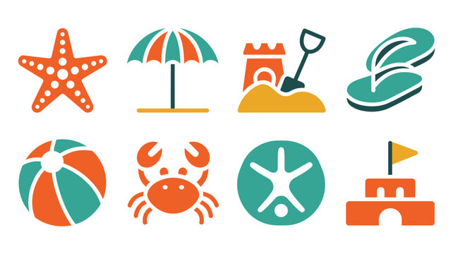 Beach and ocean icons featuring starfish, umbrella, sand bucket, flip flops, beach ball, crab, and sand dollar, colorful vector illustration for summer vacation themes.