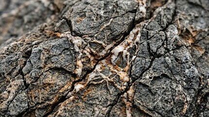 Fototapeta premium Close-up of weathered grey rock surface with intricate white mineral veins and deep fissures, showcasing natural geological textures and rugged patterns