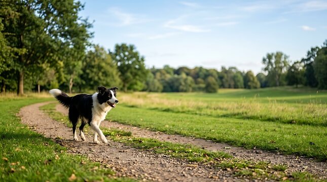 Border collie dog walking on a countryside path in a sunny park