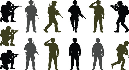 Soldier silhouette vector set featuring military army force kneeling shooting saluting patrolling combat war tactical design elements, © MdBarat