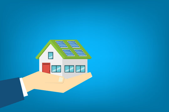 A flat vector illustration of an eco-friendly house featuring solar panels on its roof