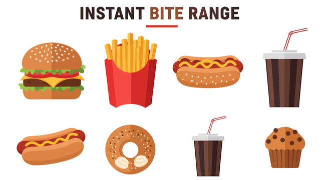 Flat minimalist illustrations of fast food items and beverages arranged in a grid against a plain white background