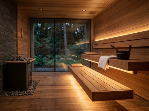 Modern wooden sauna interior with steam heater and view of forest through glass wall. Indoor wellness concept for relaxation and spa treatment in a luxury minimalist home environment.