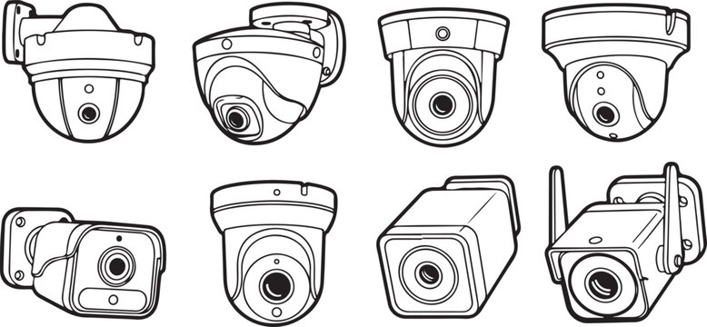 Eight different styles of security surveillance cameras illustration Vector