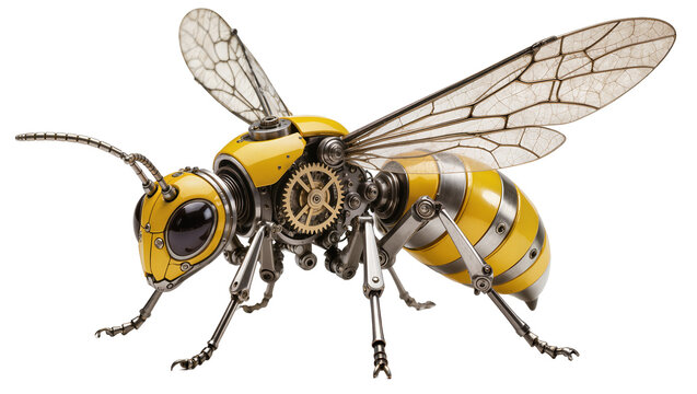 Steampunk mechanical bee with yellow and silver body gears, and wings