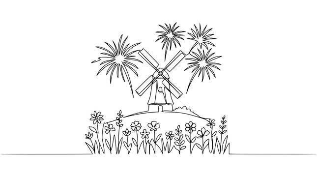 Continuous line drawing of a windmill with fireworks above, surrounded by wildflowers.