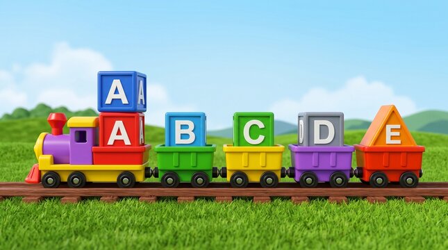 Colorful toy train with alphabet blocks promotes early childhood learning.