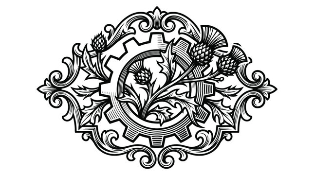 Heraldic emblem with gear leaf and crossed tools vector illustration for logo design.