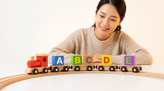 A young woman enjoys playing with a colorful wooden train and alphabet blocks.