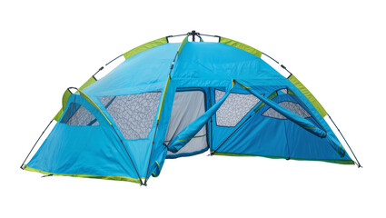 Blue and green camping tent with mesh windows and open door © Anneliese