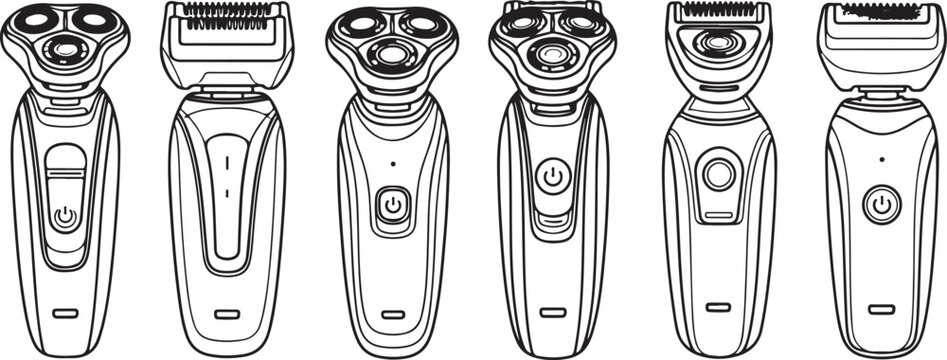 Five electric shavers with different designs in black and white illustration style Vector