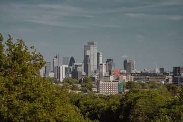 Fototapeta premium A breathtaking panoramic view of the iconic London city skyline showcasing modern skyscrapers, beautifully framed by lush green trees under a bright summer sky.