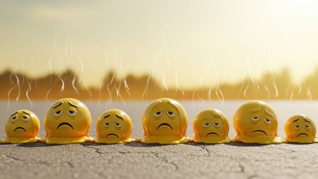 A row of seven yellow emojis with sad faces sitting on cracked pavement with steam rising