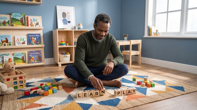 A father engages in playtime with colorful building blocks in a cozy children's room.