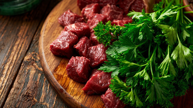 Diced raw beef chunks with fresh parsley on wooden board raw meat red meat uncooked