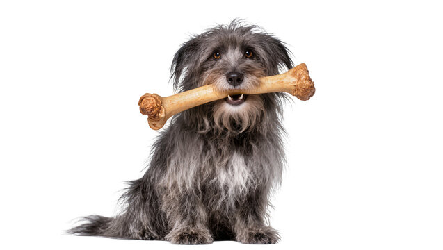 Shaggy dog holding a large bone in its mouth