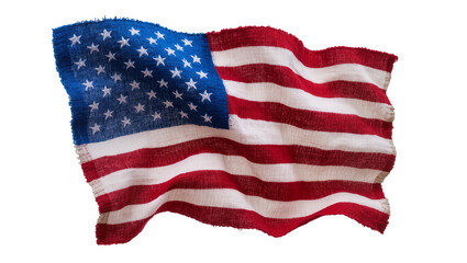 Fototapeta premium Waving American flag with frayed edges, isolated on transparent background