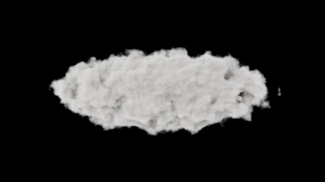 White cloud formation gradually disperses, showcasing a smooth transition of shape and texture in a visually striking manner on the black background