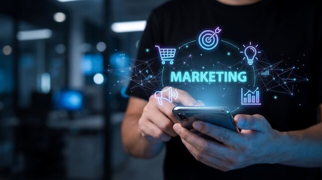 Person holding smartphone with glowing digital marketing interface showing target and business growth icons in a dark office environment representing digital marketing